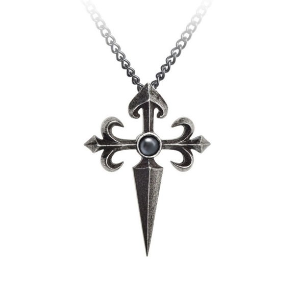 Alchemy Gothic ✦ Santiago Cross Pendant Hematite Cabochon ✦ Medieval Pewter NWT - Picture 1 of 6
